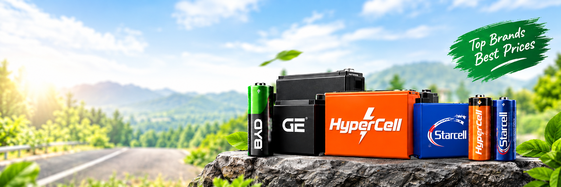 GE India rechargeable AA and AAA batteries on a wooden tray among green leaves